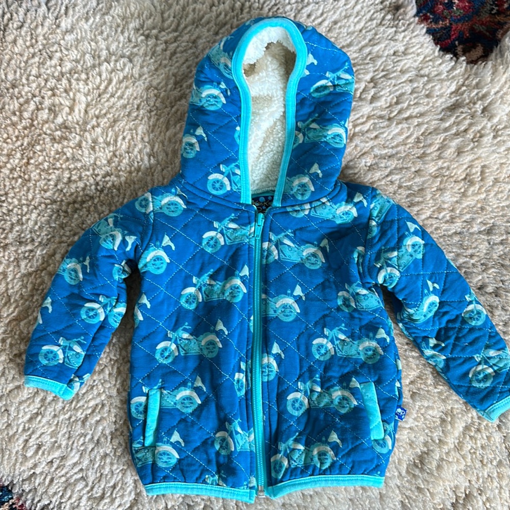 KicKee Pants quilted hooded zip up sweatshirt motorbikes teal 12-18m